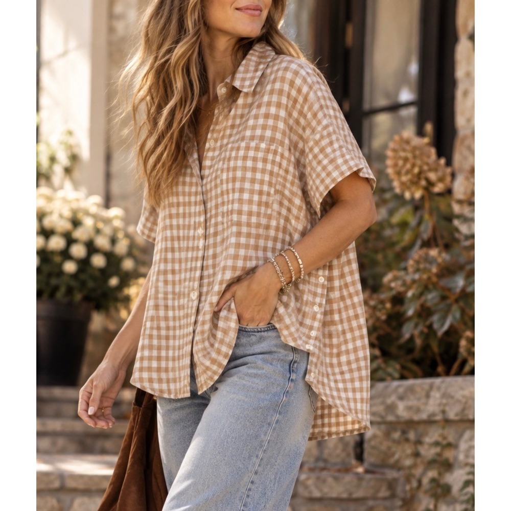 Madewell Gingham Oversized Button Down Shirt Large Tan Cream Cottagecore
